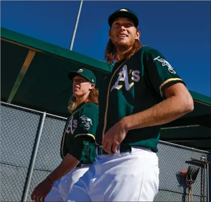  ?? RANDY VAZQUEZ — STAFF PHOTOGRAPH­ER ?? Pitchers A.J. Puk, right, and Jordan Weems, left, are two Athletics pitchers who definitely have been blessed in the hair department.