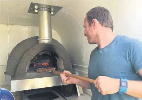  ??  ?? Mat Gilbert using his new pizza oven, inset, testing out his coffee shop and in action