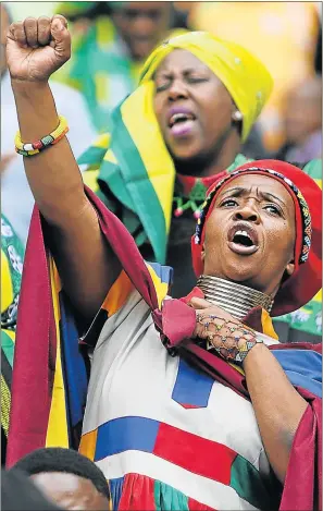  ?? Picture: ALON SKUY ?? WOMEN’S WOMAN: Thousands of mourners dressed in ANC regalia honoured the late Winnie Madikizela-Mandela at Orlando Stadium, in Soweto, yesterday