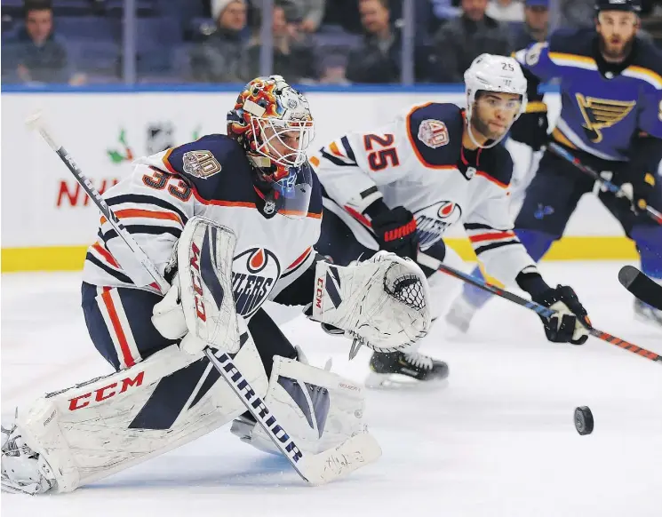  ?? DILIP VISHWANAT/GETTY IMAGES ?? Cam Talbot, who hadn’t notched a win since before Halloween, showed glimpses of his former self with a solid performanc­e in St. Louis on Wednesday.