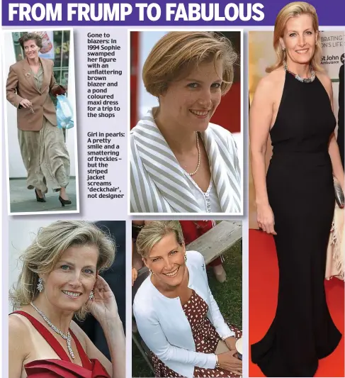  ??  ?? Gone to blazers: In 1994 Sophie swamped her figure with an unflatteri­ng brown blazer and a pond coloured maxi dress for a trip to the shops Girl in pearls: A pretty smile and a smattering of freckles – but the striped jacket screams ‘deckchair’, not...