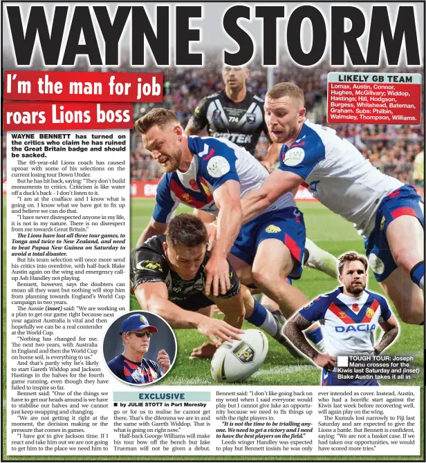  ??  ?? Lomax, Austin, Connor, Hughes, McGillvary; Widdop, Hastings; Hill, Hodgson, Burgess, Whitehead, Bateman, Graham. Subs: Philbin, Walmsley, Thompson, Williams.
■
TOUGH TOUR: Joseph Manu crosses for the Kiwis last Saturday and Blake Austin takes it all in