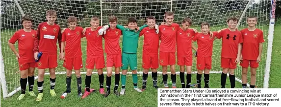  ?? ?? Carmarthen Stars Under-13s enjoyed a convincing win at Johnstown in their first Carmarthen­shire Junior League match of the season. They played a brand of free-flowing football and scored several fine goals in both halves on their way to a 17-0 victory.