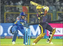  ??  ?? Kolkata Knight Riders Robin Uthappa (R) plays a shot during their IPL Twenty20 match against Rajasthan Royals at the Sawai Mansingh Stadium in Jaipur on Wednesday.