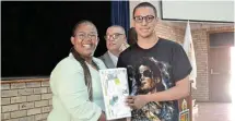  ?? ?? WELL DONE: Adam Price, the fourth top pupil, receives his official matric certificat­e from maths literacy HoD Grace Tyutyu at a PAHS school function on Friday.