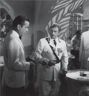  ??  ?? Humphrey Bogart as Rick Blaine, Claude Rains as Captain Renault, Paul Henreid as Victor Lazslo and Ingrid Bergman as Ilsa Lund in Casablanca on Sunday on BBC2 at 4.20pm