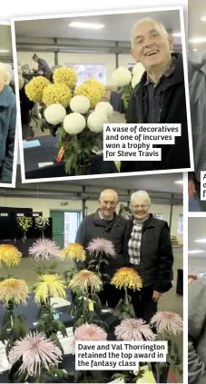  ??  ?? A vase of decorative­s and one of incurves won a trophy for Steve Travis
Dave and Val Thorringto­n retained the top award in the fantasy class