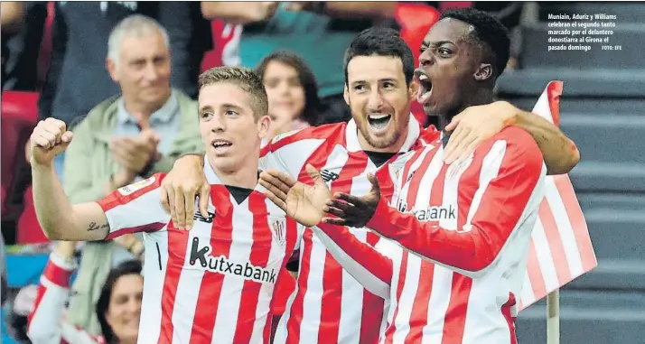  ?? FOTO: EFE ?? Muniain, Aduriz y Williams celebran el segundo tanto marcado por el delantero donostiarr­a al Girona el pasado domingo