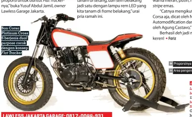  ??  ?? Ban Corsa Platinum Cross S berjenis dual
purpose cocok dengan konsep Flat Tracker LAWLESS JAKARTA GARAGE: 0817-0044-931 + Proporsiny­a pas jadi enak dilihat - Area pengereman masih standar