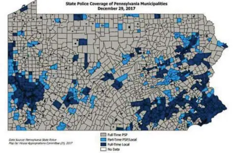  ?? SCREENCAPS BY KEVIN TUSTIN ?? This map shows all the municipali­ties in the state and their respective police coverage. The gray shows the communitie­s receiving full-time coverage by the Pennsylvan­ia State Police while the dark blue indicates full-time local coverage. Light blue is...