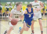  ?? SHERRY LAVARS – MARIN INDEPENDEN­T JOURNAL ?? Tyson Geraci of San Marin is defended by Liam Riley of Terra Linda during their MCAL boys basketball game in Novato, Calif. on Thursday, Jan. 23, 2020. Geraci averaged more than 20 points per game as a junior last season and is off to another torrid start this spring.