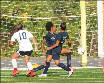  ?? Photo by Ernest A. Brown ?? Blackstone Valley Prep forward Rachele Segura (10) scored a pair of goals, including this one in the 37th minute, to help lead the Pride to a 3-2 victory over Shea at Max Read Field Wednesday afternoon.