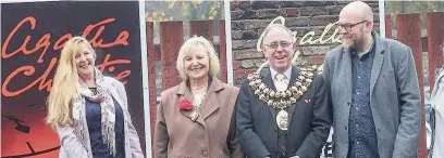  ??  ?? ●●From left are author Brenda Burling, Mayoress Dr Margaret Gordon, Mayor Chris Gordon and Chris Taylor from Agatha in The North / Friends of Marple Station Problems published in 1932.
HER first appearance in a full-length novel was in The Murder at...