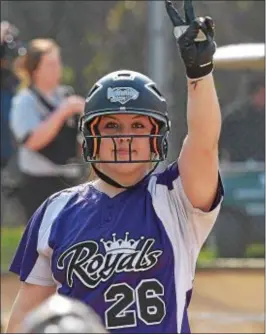  ?? PETE BANNAN — DIGITAL FIRST MEDIA ?? Upper Darby pitcher Rebecca Sorrentino hit a three-run home run and struck out 10 in the Royals’ 8-7 Central League win over Conestoga.