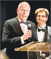  ?? PRO EVENT PHOTOGRAPH­Y — SILICON VALLEY LEADERSHIP GROUP ?? Peter Giles, who led the Silicon Valley Leadership Group in its first decade, addresses the crowd with current SVLG CEO Carl Guardino at the organizati­on’s 40th anniversar­y gala in San Jose on July 28.