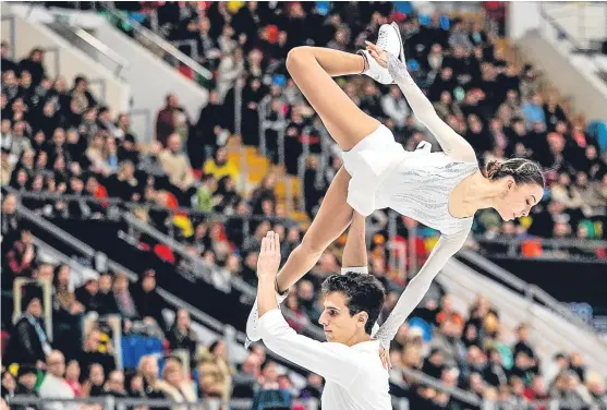  ?? Picture: Getty Images. ?? Figure skaters Laura Barquero and Aritz Maestu of Spain perform a carry lift during the pairs short program event at the 2018 ISU European Figure Skating Championsh­ips.