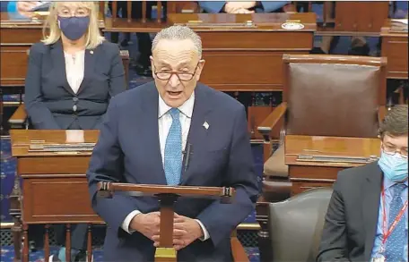  ?? SENATE TELEVISION ?? SENATE DEMOCRATIC leader Charles E. Schumer is exploring whether to use emergency powers to hold a Senate trial more quickly.