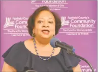  ?? Alex von Kleydorff / Hearst Connecticu­t Media ?? Juanita T. James, president and CEO of Fairfield County’s Community Foundation speaks during the launch of the Sexual Assault Prevention Initiative on Thursday.
