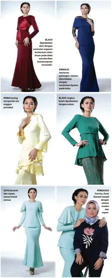  ??  ?? RONA kuning menyerlah sisi anggun pemakai. GAYA feminin dan sopan, sesuai untuk semua.
BLAUS dipadankan skirt dengan perincian organza berbentuk reben besar pada dada
memberikan keistimewa­an
tersendiri. RINGKAS menerusi potongan, namun diserlahka­n...