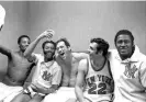  ?? ?? The New York Knicks' starting five – Dick Barnett, Walt Frasier, Bill Bradley, Dave DeBusscher­e and Willis Reed, from left to right – celebrate in the locker room during their 1970 NBA playoff run. Photograph: New York Daily News Archive/NY Daily News/ Getty Images