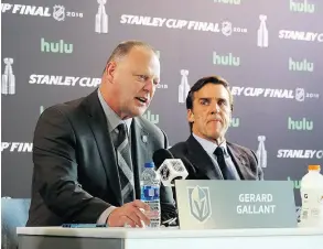  ?? BRUCE BENNETT / GETTY IMAGES ?? Coach Gerard Gallant, left, and GM George McPhee have the Knights on the verge of a historic Stanley Cup title.