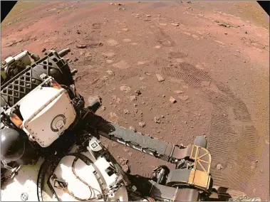 ?? NASA/JPL-CALTECH VIA AP ?? This photo, made available Thursday by NASA, was taken during the first drive of the Perseveran­ce rover on Mars.
