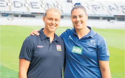  ?? Photo / Supplied ?? Chiefs women’s player Chelsea Alley (left) with Blues and Black Ferns captain Eloise Blackwell will go head-to-head in their historic match at Eden Park on May 1.