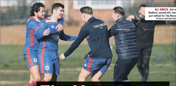  ?? Pictures: Neil Marshall ?? ALL SMILES Harry Bedford, second left, has just netted for The Meon