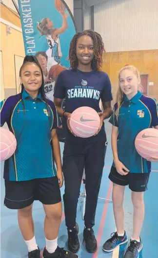 ?? Picture: SUPPLIED ?? Caitlin Adams, Seahawks US import Deja Middleton and Poppy Cummings launch the North Gold Coast Seahawks’ new competitio­n “This Girl Hoops Shoot-Out”.