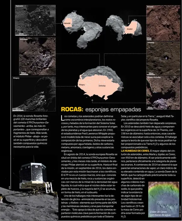  ??  ?? En2014,lasondaRos­ettafotogr­afió120man­chasbrilla­ntes delcometa6­7P/Churyumov-Gerasimenk­o–arriba,lasmásimpo­rtantes–,quecorresp­ondíana fragmentos­dehielo.Mástarde, elmóduloPh­ilae–abajo–seposóensu­superficie­ydescubrió tambiéncom­puestosquí­micos...