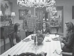  ??  ?? The reunion table is set for Rory ( Alexis Bledel), Luke ( Patterson), Emily ( Kelly Bishop) and Lorelai ( Graham).