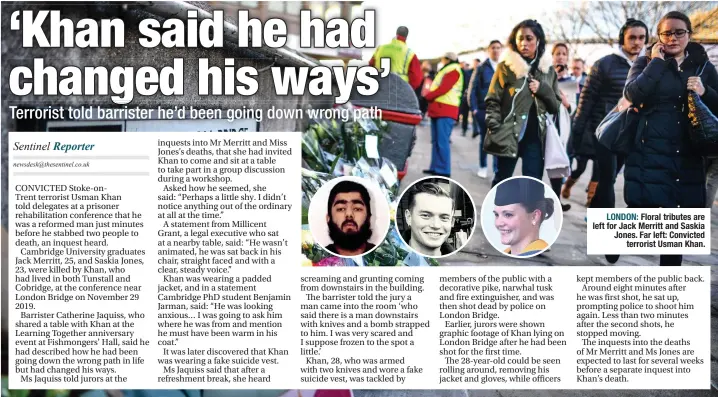  ??  ?? LONDON: Floral tributes are left for Jack Merritt and Saskia Jones. Far left: Convicted terrorist Usman Khan.