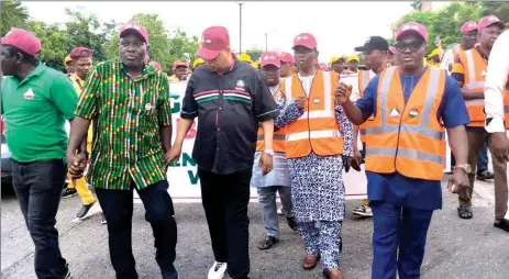  ?? ?? Members of the Trade Union Congress of Nigeria ( TUC) and Nigeria Labour Congress ( TUC) in solidarity with Road Transport Employers Associatio­n of Nigeria ( RTEAN) on a peaceful protest to register their grievances over the proscripti­on of RTEAN and the National Union of Road Transport Workers ( NURTW) in Lagos yesterday.