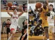  ?? PAUL DICICCO (CHICONE) AND BARRY BOOHER (JAMES) — FOR THE NEWS-HERALD ?? Mentor’s Luke Chicone drives against North on Feb. 24. Brush’s Elmore James glides under the basket eyeing a layup past Riverside’s Jake Segulin on Jan. 22.