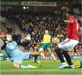  ??  ?? Anthony Martial chips the ball over Tim Krul to score Manchester United’s third goal