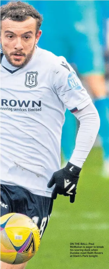  ??  ?? ON THE BALL: Paul Mcmullan is eager to break his scoring duck when Dundee meet Raith Rovers at Stark’s Park tonight.