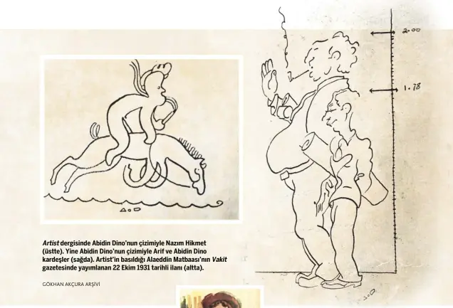  ?? GÖKHAN AKÇURA ARŞİVİ ?? Artist dergisinde Abidin Dino’nun çizimiyle Nazım Hikmet (üstte). Yine Abidin Dino’nun çizimiyle Arif ve Abidin Dino kardeşler (sağda). Artist’in basıldığı Alaeddin Matbaası’nın gazetesind­e yayımlanan 22 Ekim 1931 tarihli ilanı (altta).
Vakit