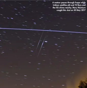  ??  ?? A meteor passes through frame while Iridium satellites 68 and 74 flare and the ISS shines nearby. Mary McIntyre caught this shot on 30 May 2017