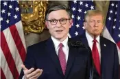  ?? WILFREDO LEE / AP ?? Speaker of the House Mike Johnson, R-La., speaks as Republican presidenti­al candidate former President Donald Trump listens during a news conference Friday at Mar-a-Lago in Palm Beach, Florida.