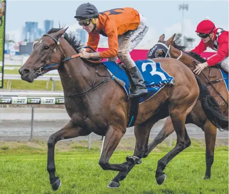  ?? Picture: JERAD WILLIAMS ?? Soft Top, ridden by jockey Ryan Plumb, takes out race six on Saturday at the Gold Coast Turf Club.