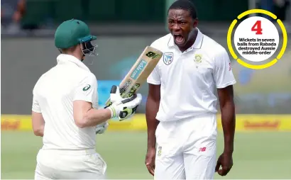  ?? — Reuters ?? South Africa’s Kagiso Rabada celebrates taking the wicket of Australia’s Steve Smith.