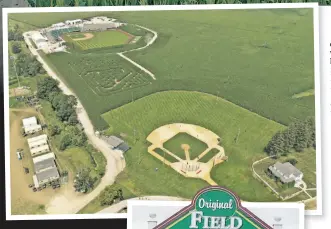  ?? MLB Photos (4); Ken Davidoff ?? DREAM BECOMES REALITY: The Dyersville, Iowa, set where the 1989 film “Field of Dreams” was filmed has been transforme­d into the location for Thursday’s Yankees-White Sox game, with a new field built adjacent to the original movie version. The Yankees’ Aaron Judge and scheduled White Sox starter Carlos Rodon (far right) show off the throwback uniforms the teams will be wearing for the game.