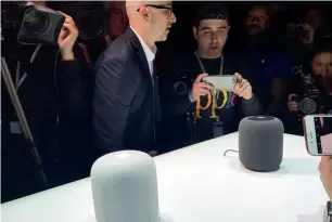  ?? Photos by Alvin R. Cabral ?? Apple’s new Siri-powered HomePod wireless speaker at the media hands-on session at the Worldwide Developers Conference at the San Jose McEnery Convention Center. —