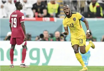  ?? ?? Ecuador’s captain, Enner Valencia, wheels away after scoring his team’s second goal against Qatar in the opening game of the 2022 World Cup… yesterday.