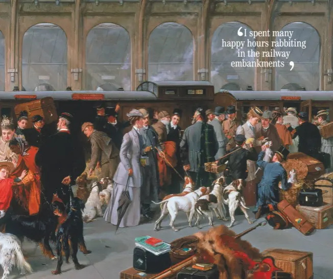  ??  ?? A bygone world: sleek gundogs, fashionabl­e guests and sporting parapherna­lia take centre stage in George Earl’s Going North, King’s Cross Station