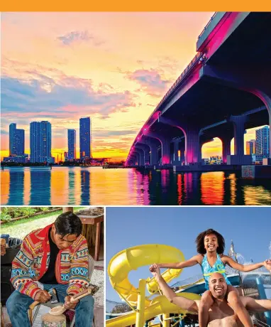  ??  ?? OPPOSITE TOP: Bottlenose dolphins near Sanibel Island. OPPOSITE BOTTOM: Building sandcastle­s. BELOW: American alligator in Everglades National Park. RIGHT: Sunset over Miami and the MacArthur Causeway Bridge. BOTTOM LEFT: Member of the Miccosukee tribe...