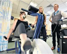  ??  ?? Judith undergoing her fitness test, supervised by Sophie Cassidy and Prof Mike Trenell