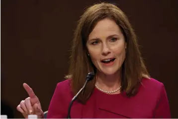  ?? Associated Press ?? Supreme Court nominee Amy Coney Barrett speaks Monday during a confirmati­on hearing before the Senate Judiciary Committee on Capitol Hill in Washington.