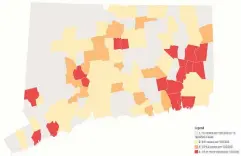  ?? Screenshot / State Department of Public Health COVID data ?? The Connecticu­t Department of Public Health compiles data on the number of cases in each of the state’s 169 municipali­ties weekly. Shown is the Oct. 22 map.