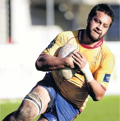  ?? PHOTO: GETTY IMAGES ?? Ball in hand . . . North Otago lock Pita Sinamoni heads in to score a try against Buller in their Heartland Championsh­ip match in Oamaru on Saturday.